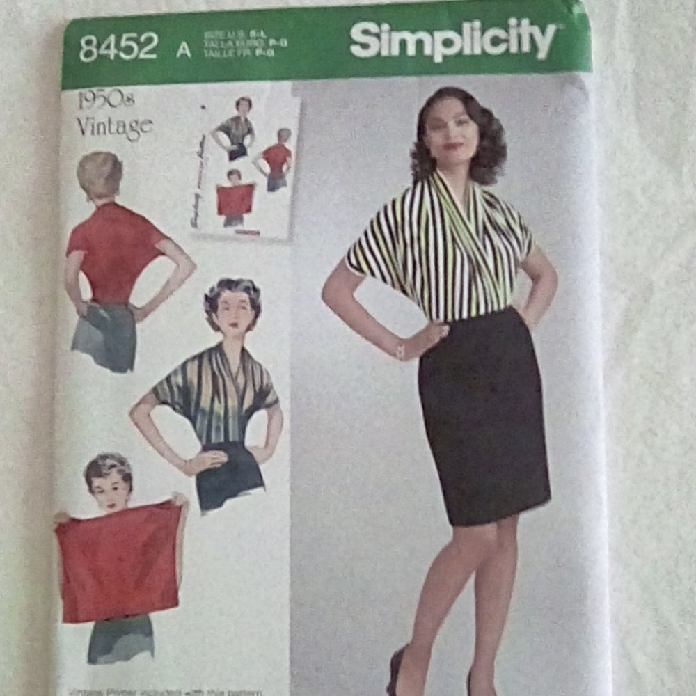 SIMPLICITY 8452 Sz S-M-L Misses Vintage Style 1950 Envelope Blouse For Knits